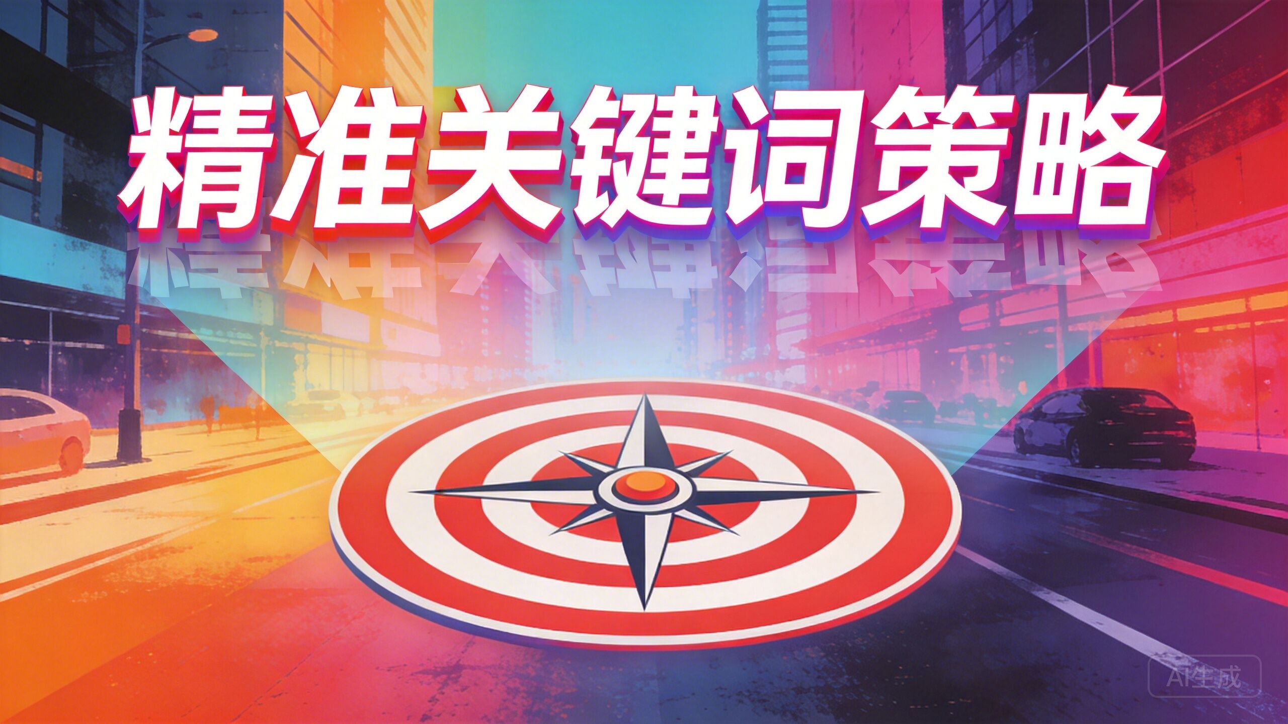 The text "精准关键词策略" in bold avant-garde typography, floating above a stylized target and compass graphic, vibrant gradient overlays, urban contemporary art style -