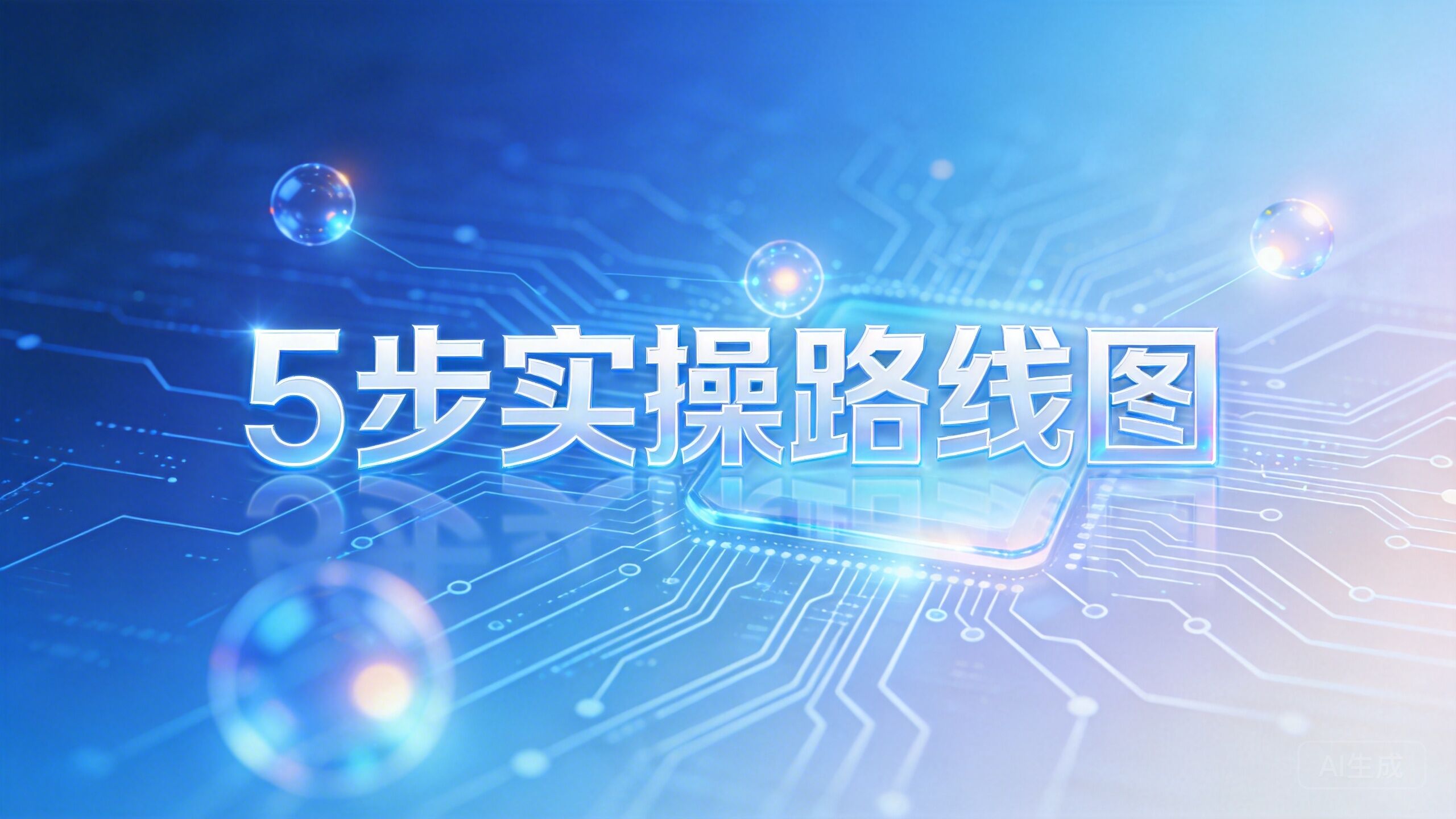 The text "5步实操路线图" in sleek futuristic typography, integrated with abstract circuit board patterns and glowing data nodes, tech-blue gradient background, glassmorphism overlay, modern professional composition -
