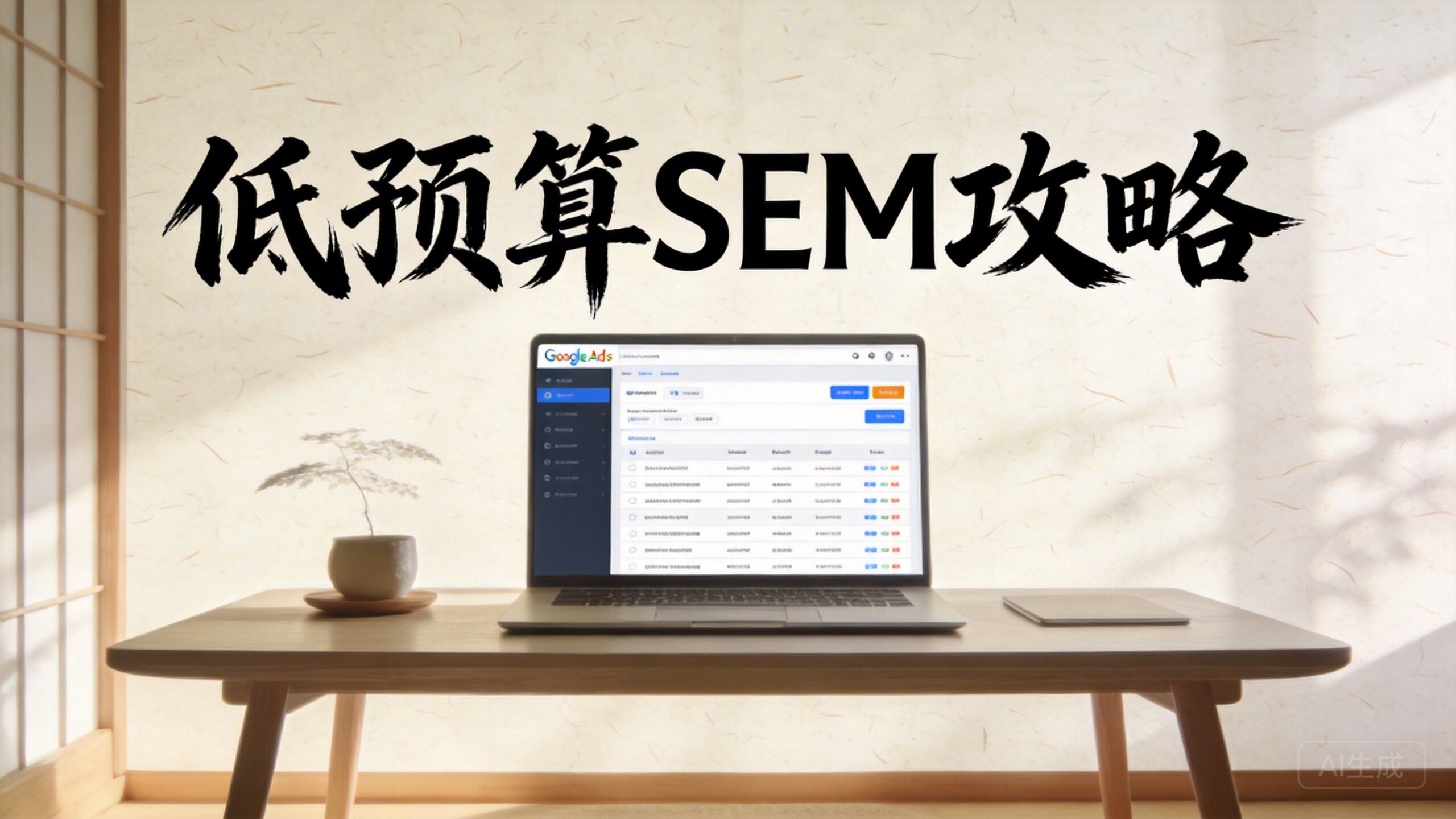 The text "低预算SEM攻略" in bold modern Chinese calligraphy, floating over a minimalist desktop setup with a laptop showing Google Ads dashboard, soft morning lighting, clean minimalist zen aesthetic, rice paper texture background, cinematic composition -