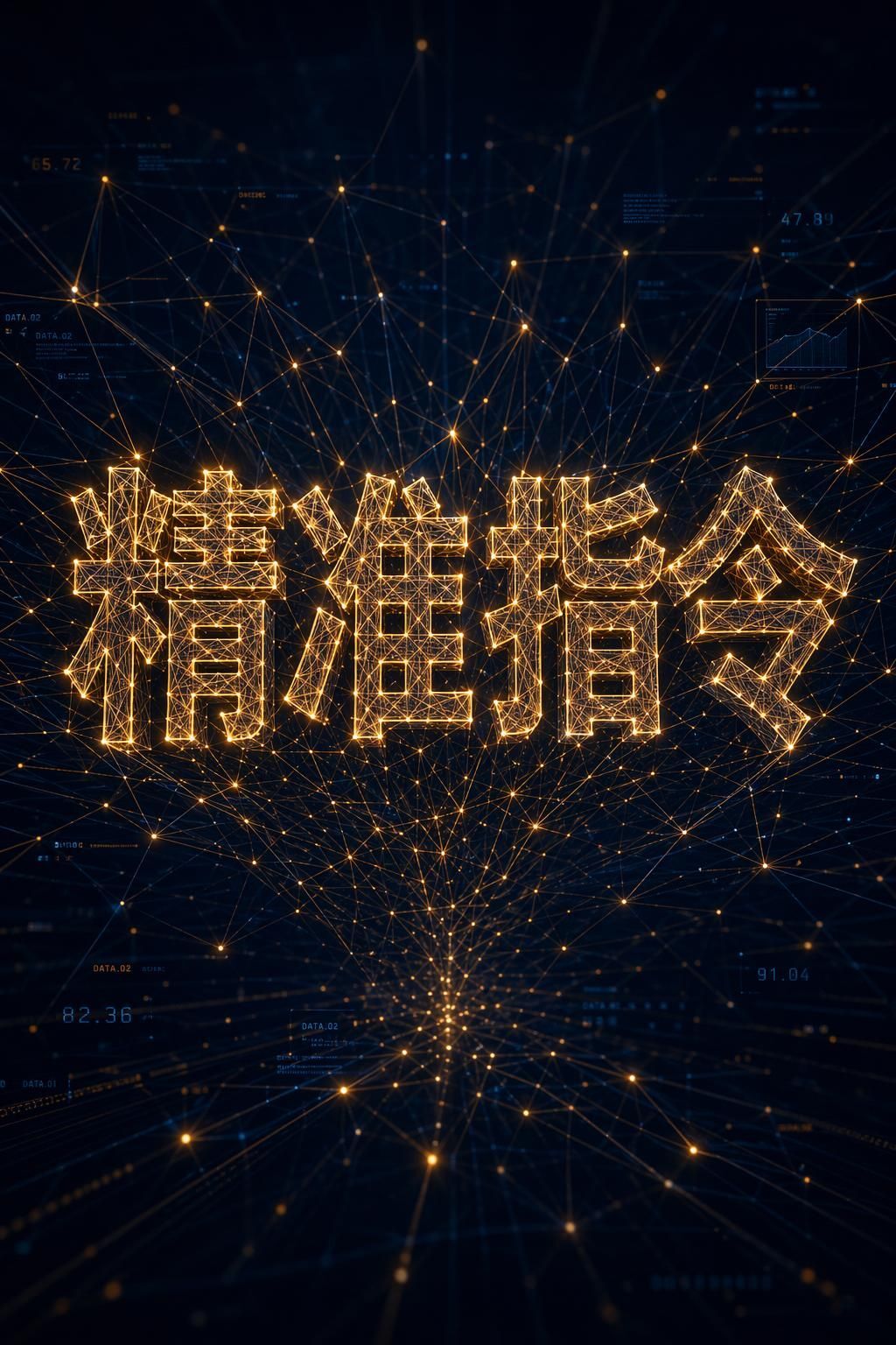 The text "精准指令" emerging from abstract geometric neural network lines, dark navy blue background with glowing amber nodes, futuristic data visualization aesthetic, text appearing as illuminated wireframe sculpture