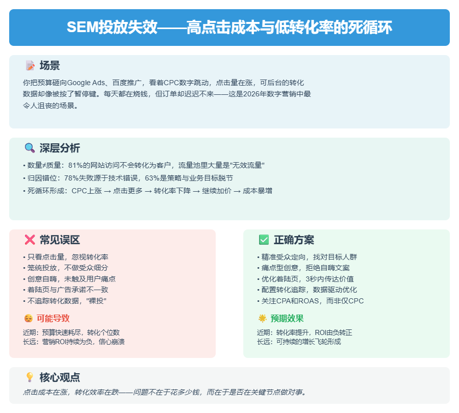 SEM投放失效的核心矛盾：高点击成本与低转化率之间的恶性循环