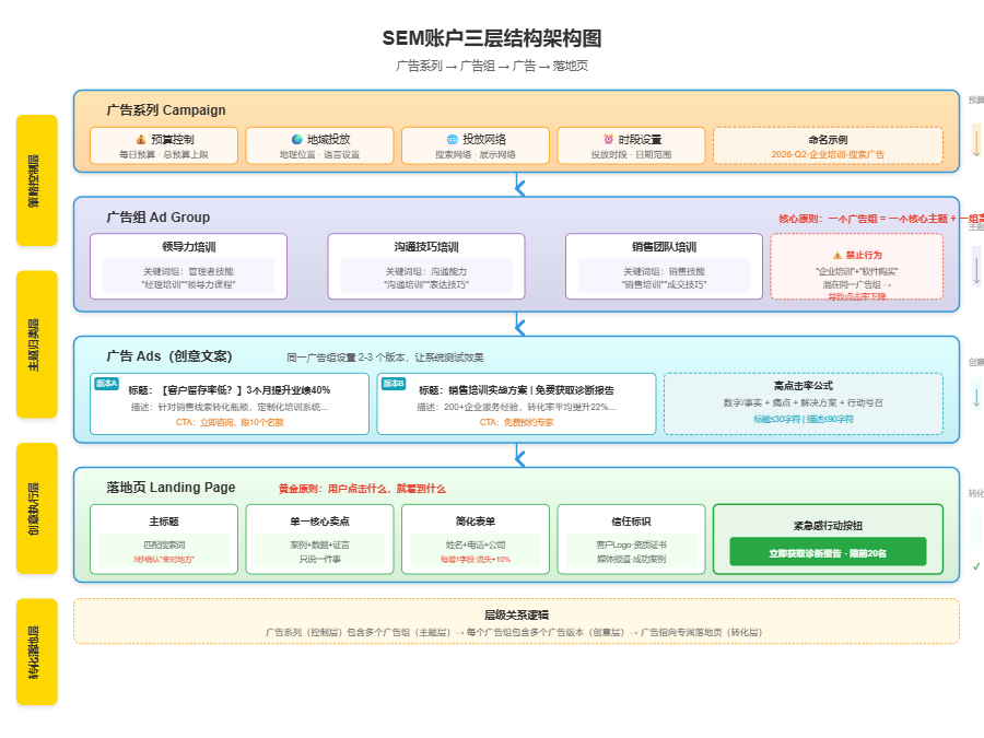 SEM account three-tier structure: ad campaigns (budget/territory control) → ad groups (topic categorization and keywords) → ads (creative copy and landing pages)