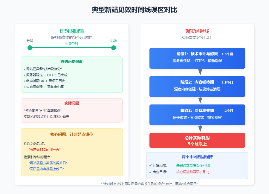 典型新站见效时间线误区对比：理想时间轴（3个月见效） vs 现实延迟线（技术审计期1.5个月 + 内容铺垫期1.5个月 + 沙盒观察期2个月，总计5个月以上）