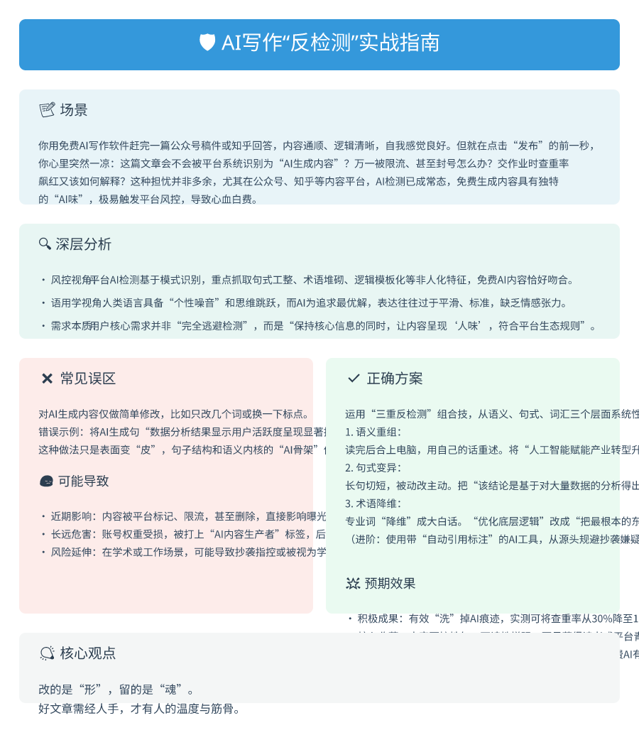 三重反检测技术：语义重组（换一种说法）、句式变异（长句切短、被动改主动）、术语替换（专业词降维），配合使用可将查重率从30%降至10%以下