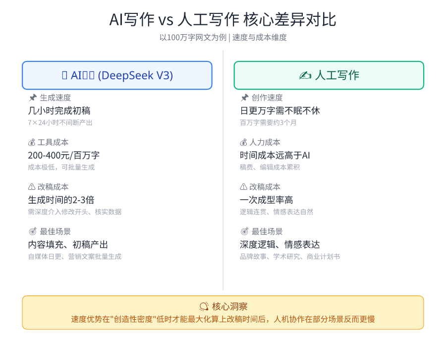 以百万字网文为例，对比AI与人工写作在时间成本上的量化差异，使用双栏对比卡片呈现。